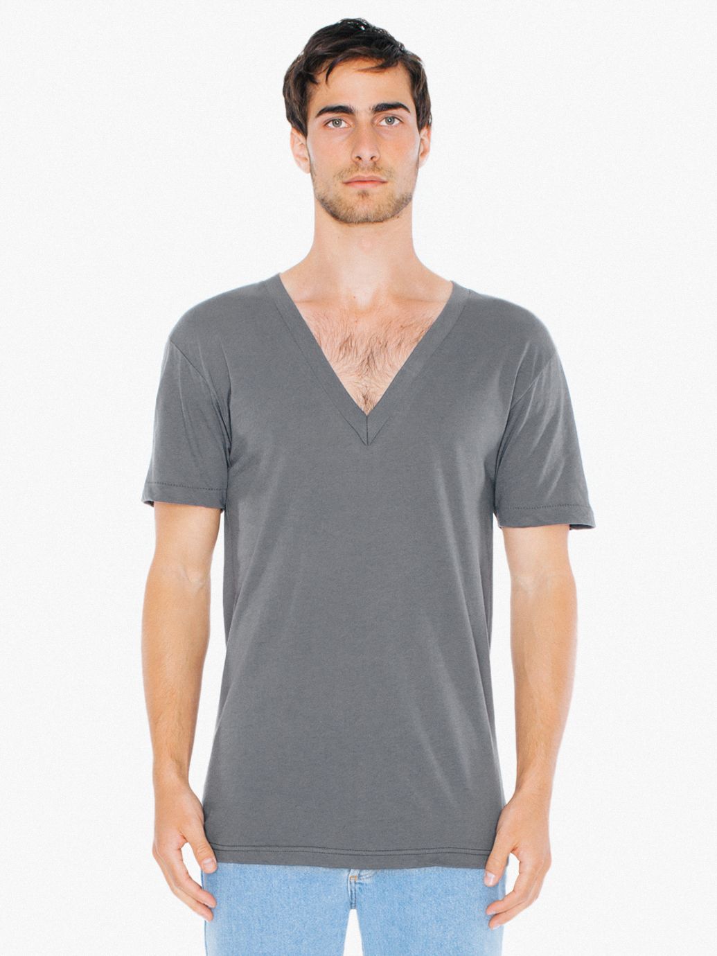 Sheer Jersey Short Sleeve Deep V-Neck