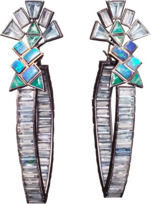 Nak Armstrong - Boulder Opal, Emerald, Aquamarine & Rainbow Moonstone Earrings