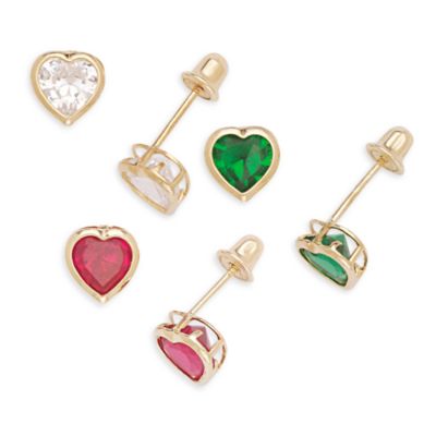 14K Yellow Gold Children's Colored Cubic Zirconia Heart Screw-Back Earrings