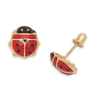 14K Yellow Gold Children's Enamel Ladybug Screw-Back Earrings - 9 x 8MM