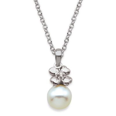 My First Diamond Sterling Silver and Freshwater Shell Pearl Flower And White Pearl Necklace