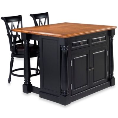 Home Styles Monarch 3-Piece Kitchen Island with Oak Top and Two Stools