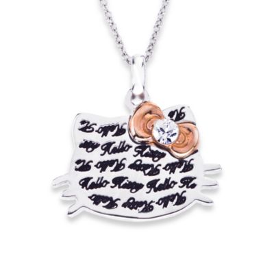 Sterling Silver Hello Kitty Engraved Face w/Crystal and Rose Plated Bow Pendant