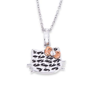 Sterling Silver Hello Kitty Engraved Face with Rose Plated Bow Pendant w/18-Inch Chain