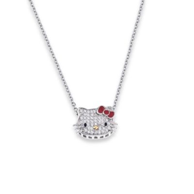 Sterling Silver Hello Kitty 0.10 Diamond with Red Enamel Bow Pendant w/18