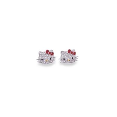 Sterling Silver Hello Kitty 0.10 Diamond with Red Enamel Bow Stud Earrings