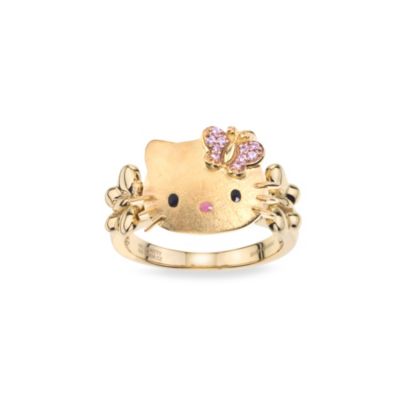 Gold Plated Sterling Silver Hello Kitty Swarovski Pink Crystal Bow Ring Size 7