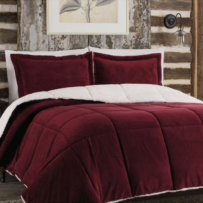 ... â„¢ Plush Reversible Comforter Set in Burgundy - BedBathandBeyond.com