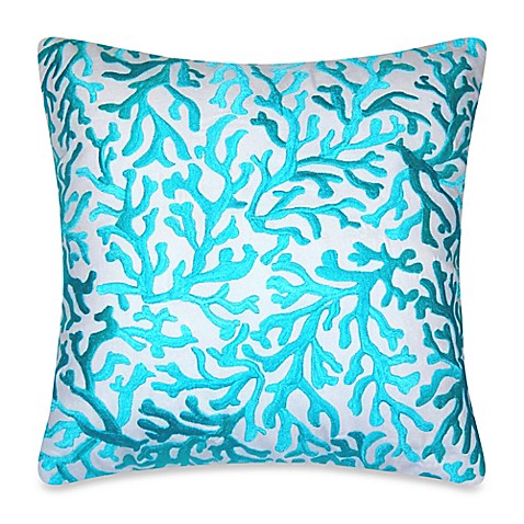 Coastal Coral Square Embroidered Throw Pillow in Aqua - Bed Bath & Beyond