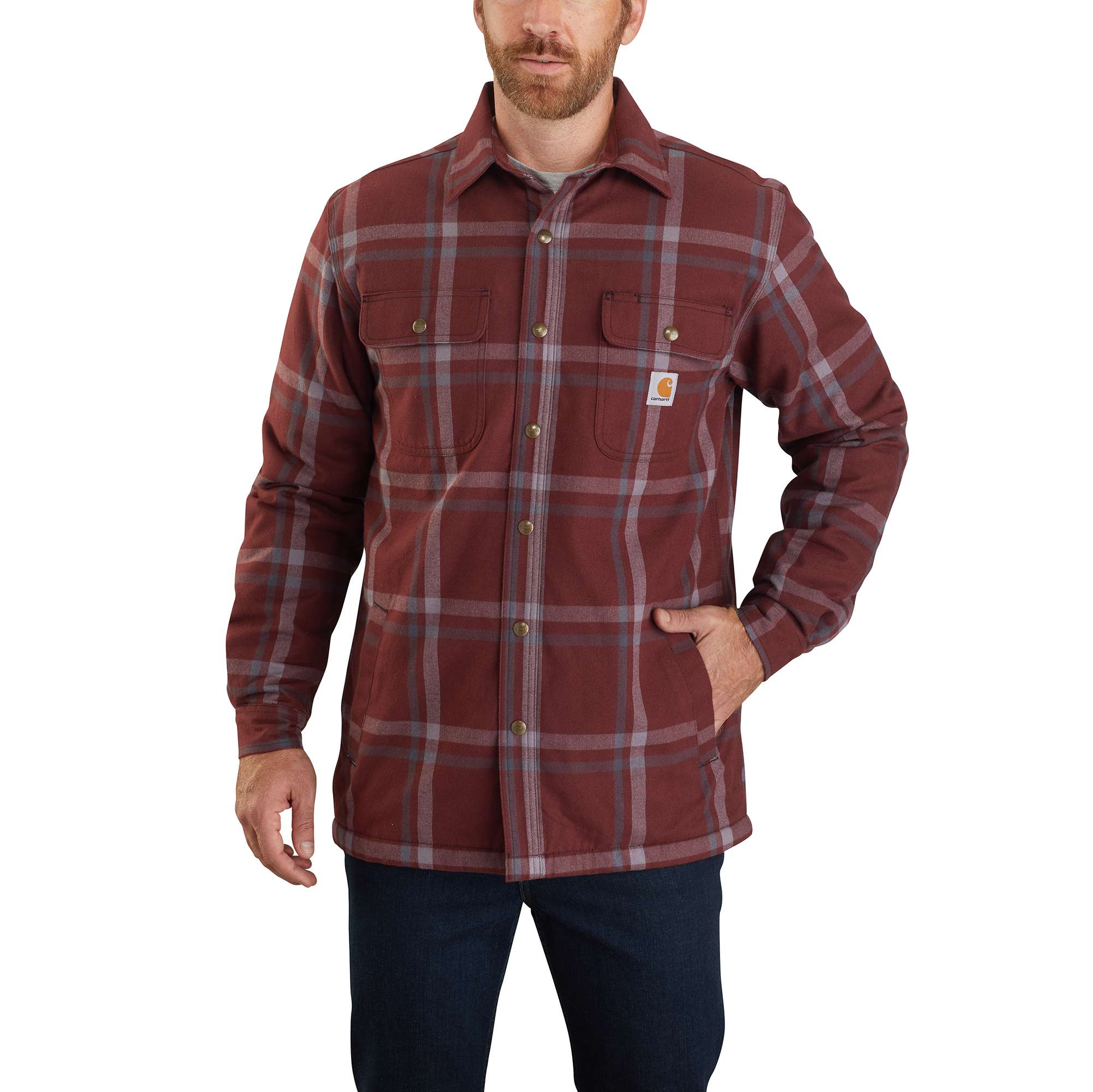 Image of Carhartt Relaxed Fit Flannel Sherpa-Lined Snap-Front Plaid Shirt Jac