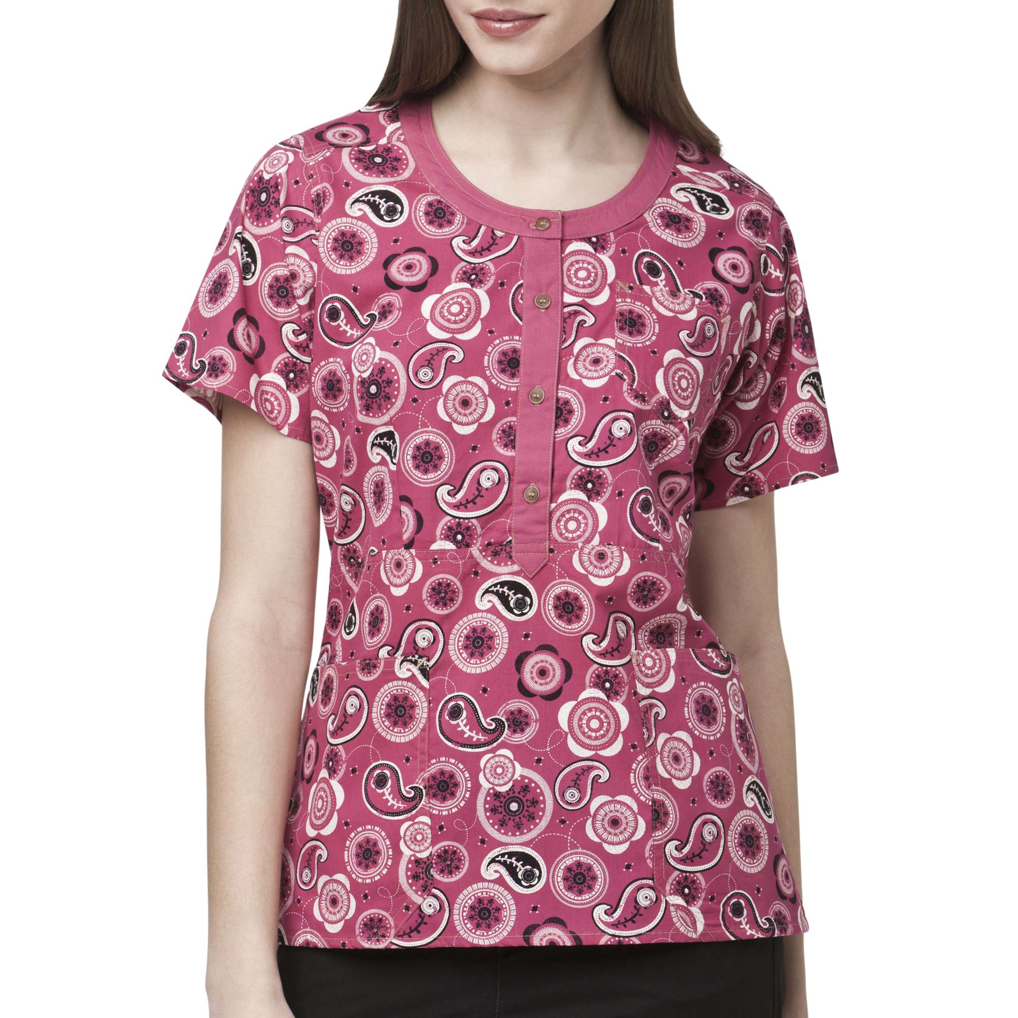 Women's Round-Neck Button-Front Print Scrub Top