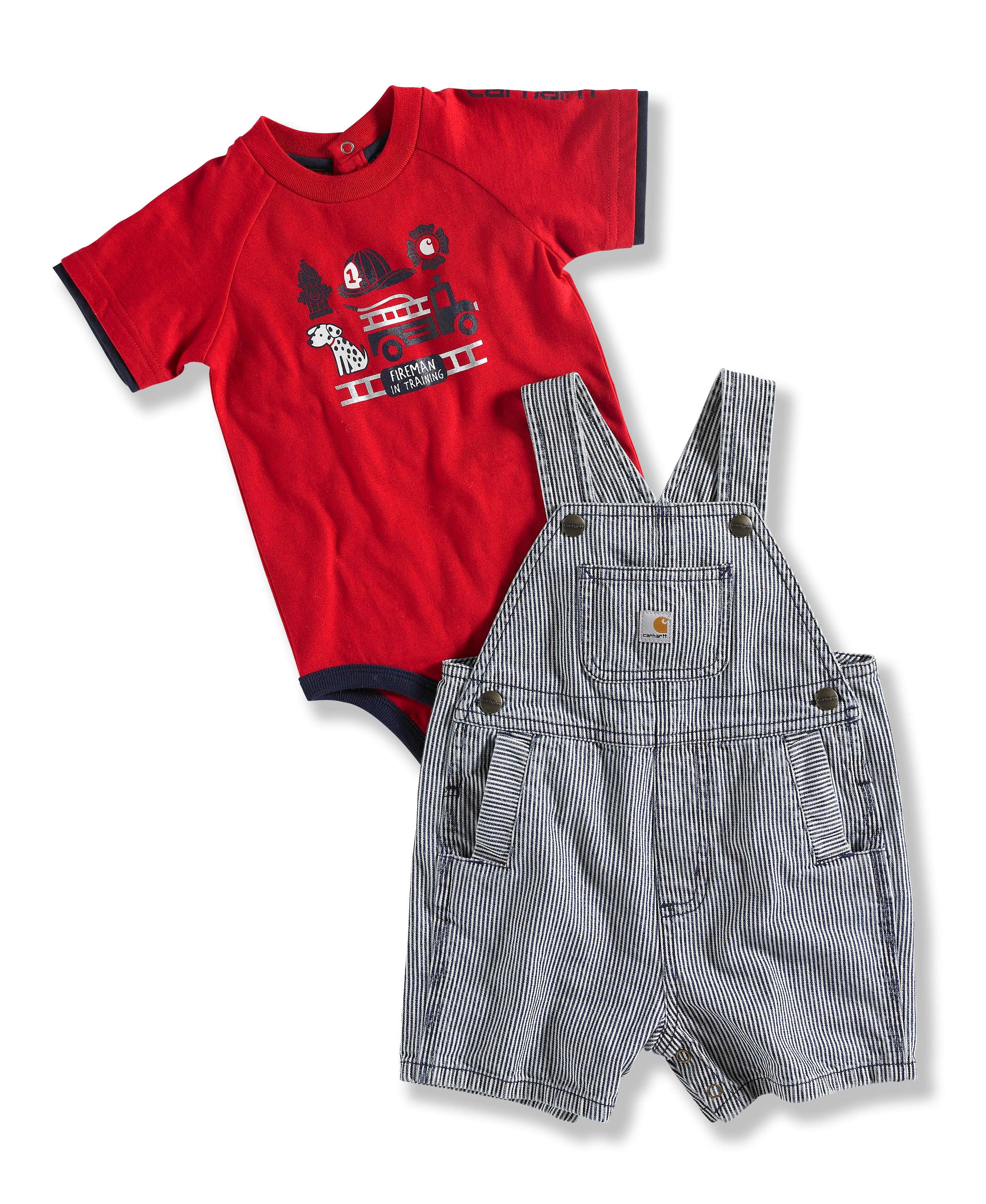 INFANT BOY'S RAILROAD STRIPE WASHED BIB SHORTALL SET