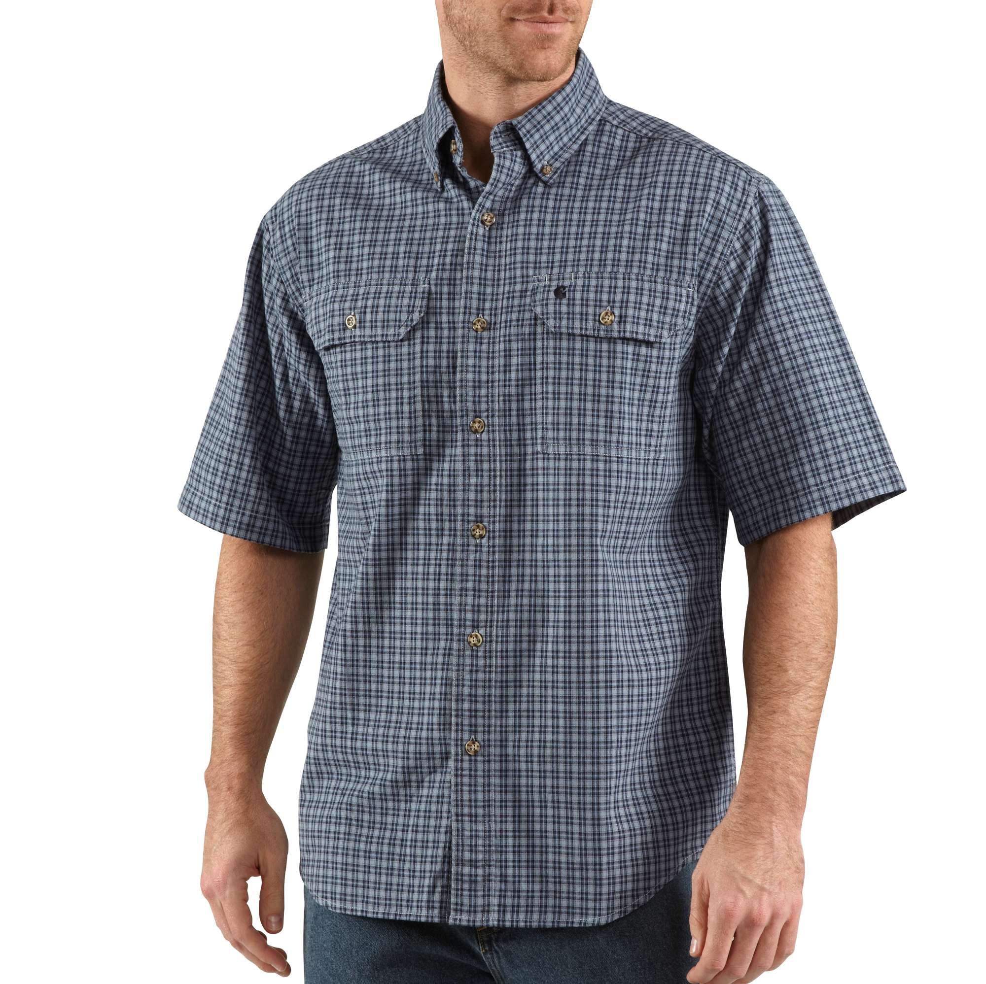 Men's Short-Sleeve Chambray Plaid Shirt