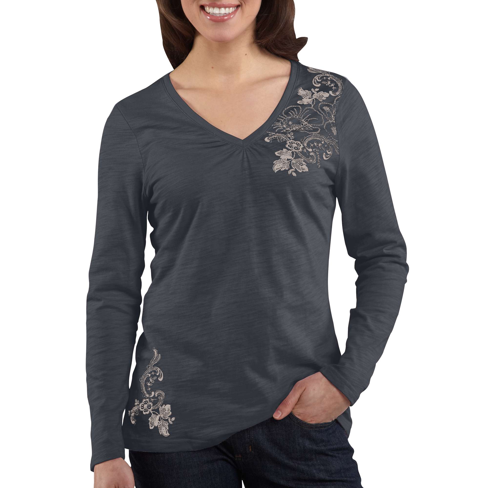 Women's Floral Lace Graphic Long-Sleeve V-Neck T-Shirt
