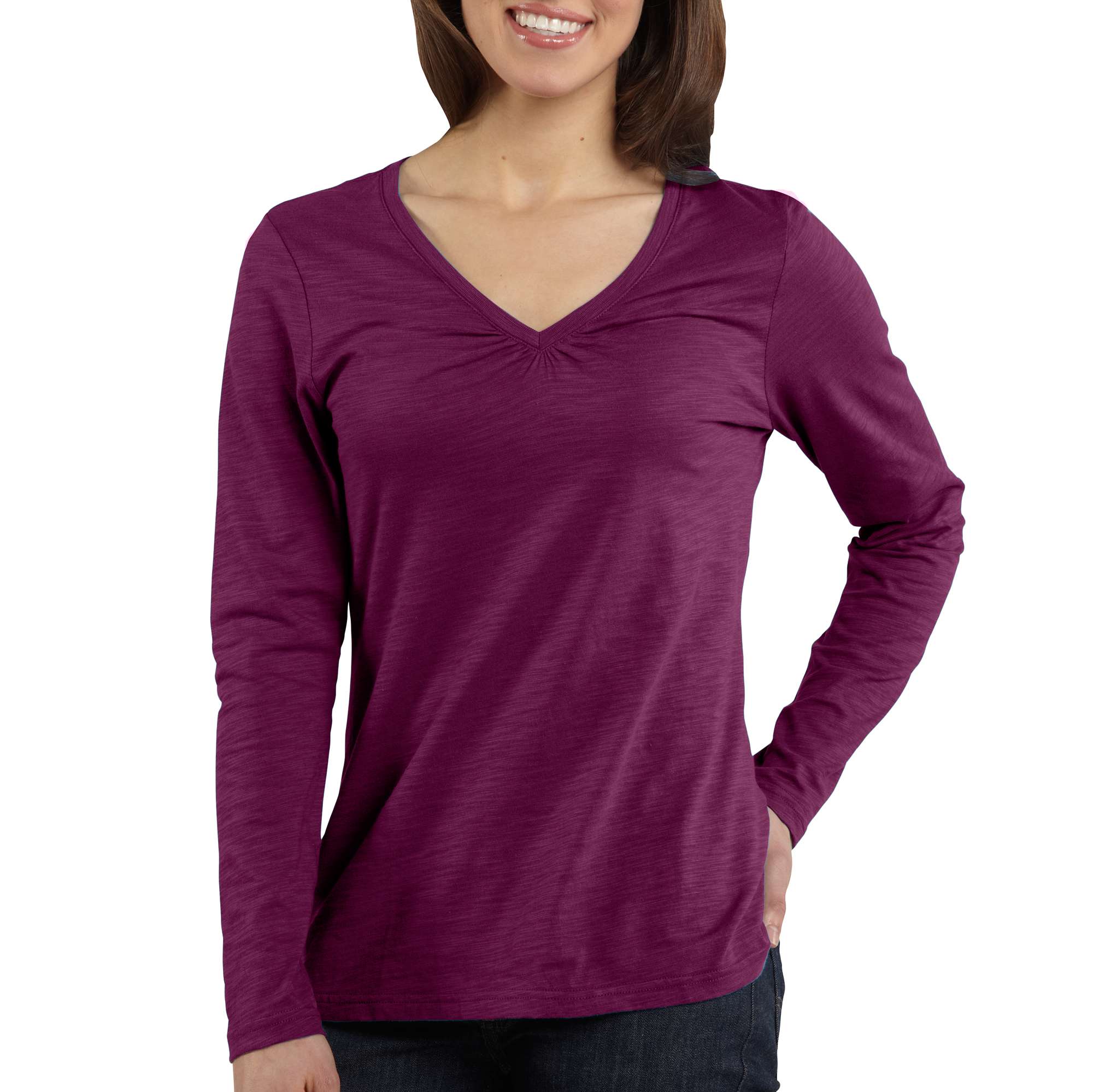 Women's Long-Sleeve Gathered V-Neck T-Shirt