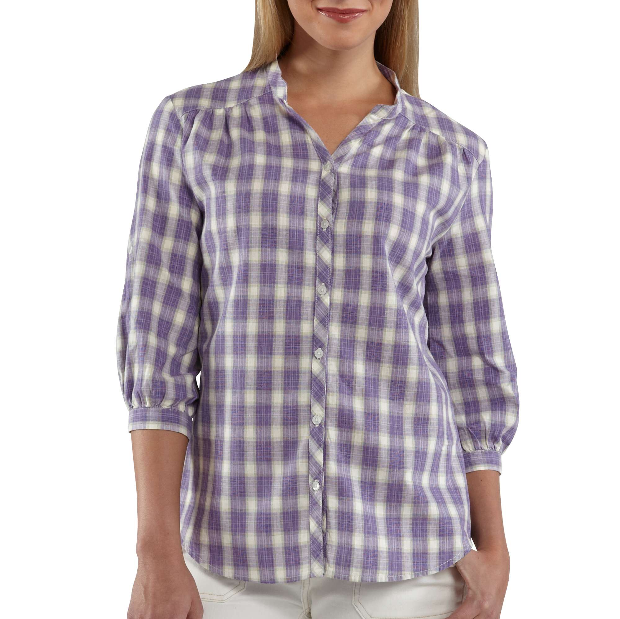 Women's Three-Quarter Sleeve Plaid Button Down Shirt