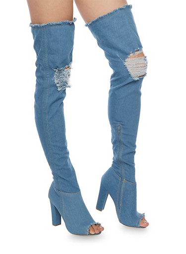 open toe denim booties