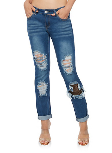 Destroyed Skinny Jeans with Mesh Insert and Rolled Cuff Destroyed Skinny Jeans with Mesh Insert and Rolled Cuff