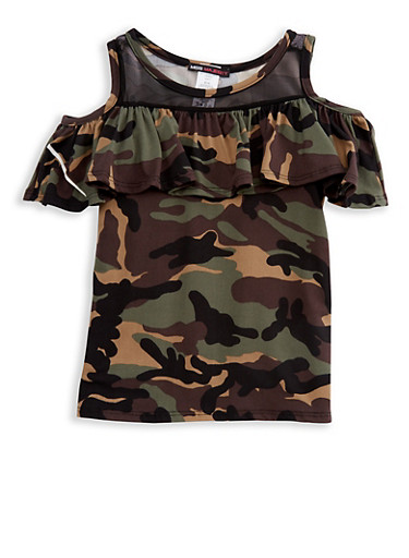 Girls 7-16 Camouflage Ruffled Cold Shoulder Top with Mesh Neckline Insert Girls 7-16 Camouflage Ruffled Cold Shoulder Top with Mesh Neckline Insert