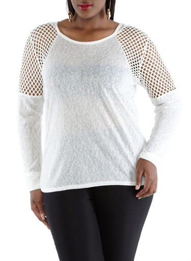 Plus-Size Fishnet Hoodie,IVORY,large