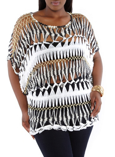 Plus-Size Open Knit Crochet Top,BLACK,large