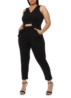 Plus Size Sleeveless Jumpsuit with Metal Accent - BLACK - 3392058752835