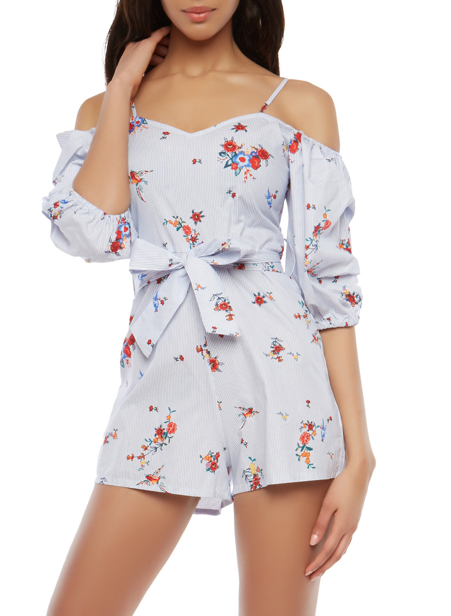 Floral Striped Off the Shoulder Romper