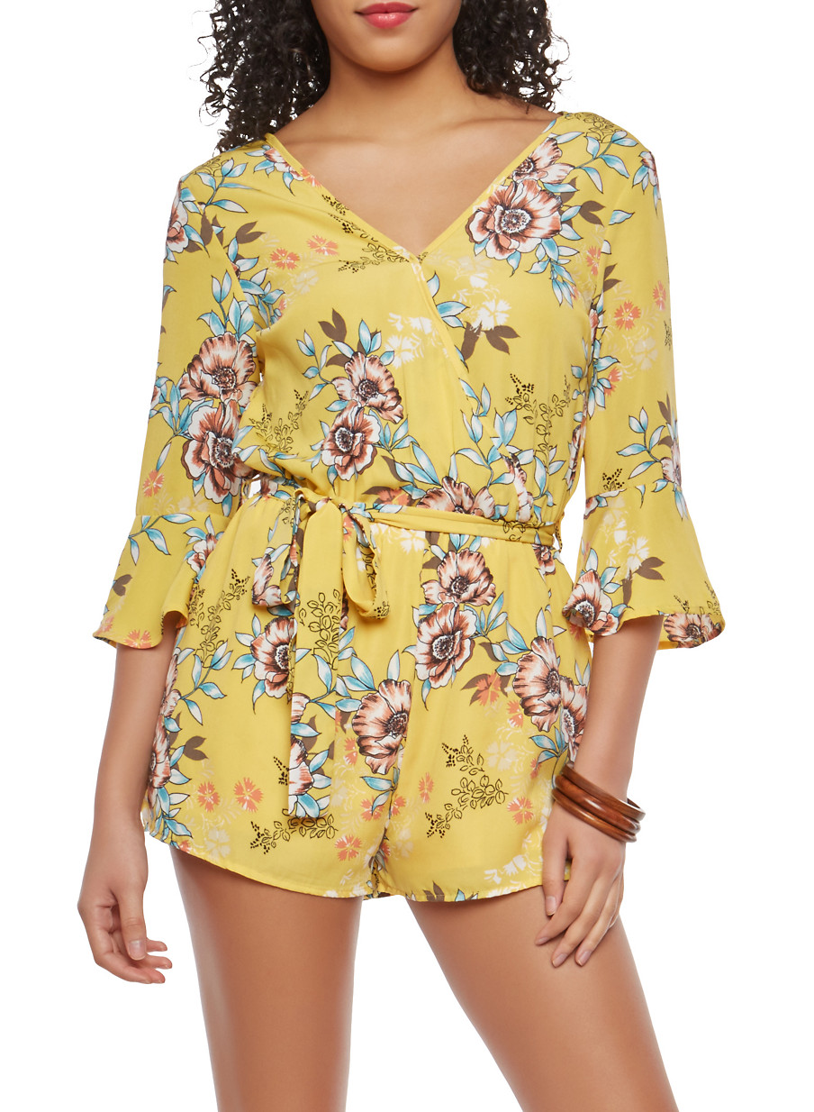 Yellow Floral Faux Wrap Romper