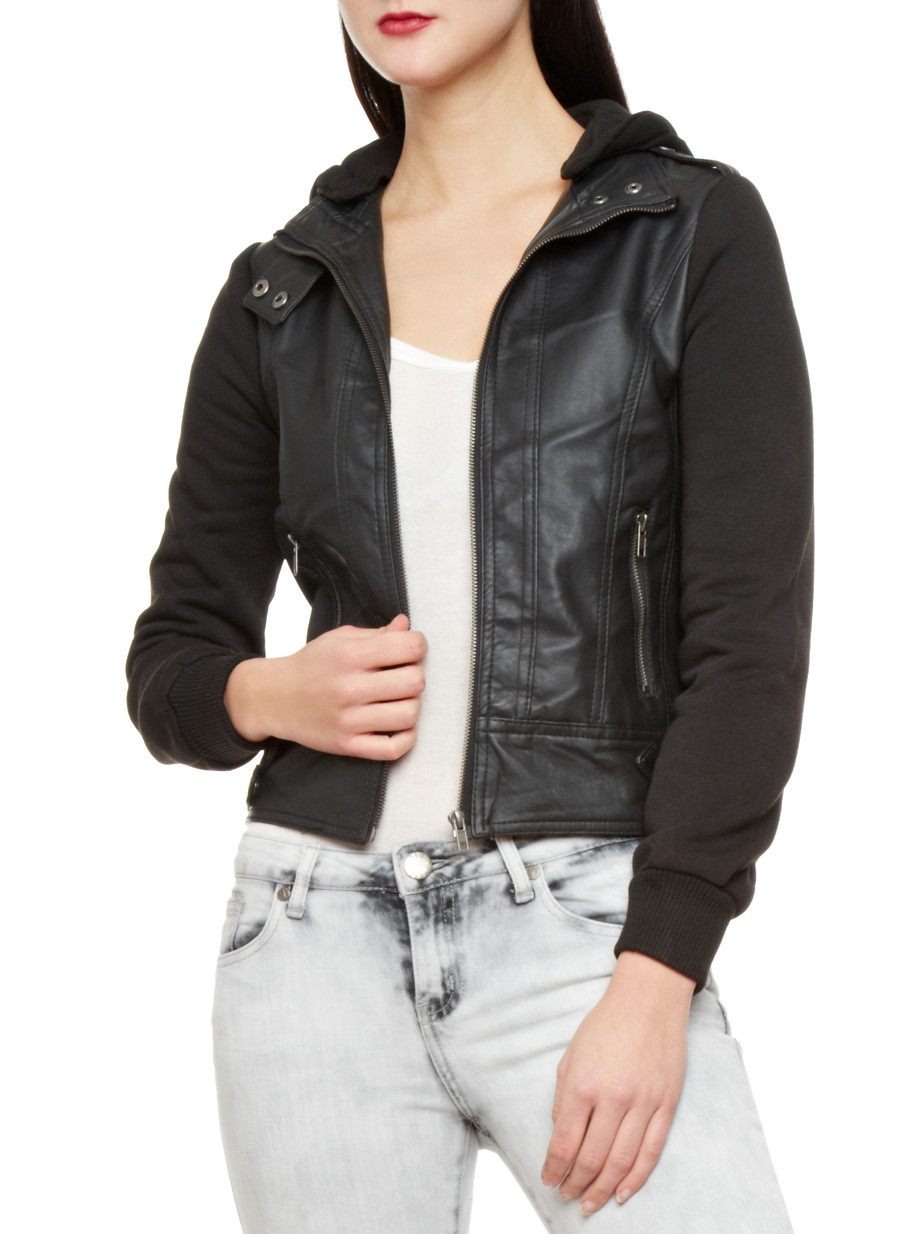 Hooded Faux Leather Moto Jacket With Knit Sleeves Rainbow