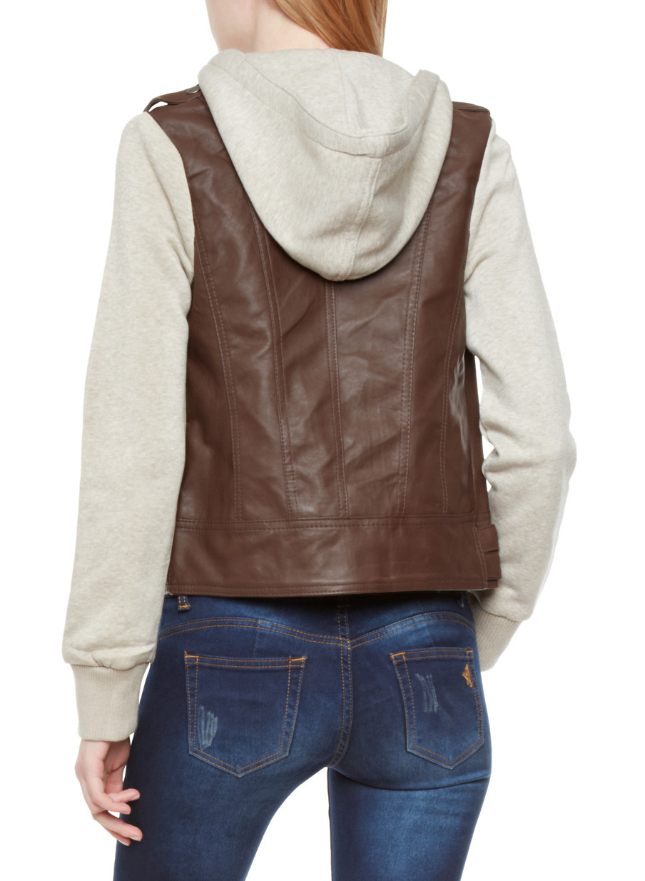 Hooded Faux Leather Moto Jacket With Knit Sleeves Rainbow