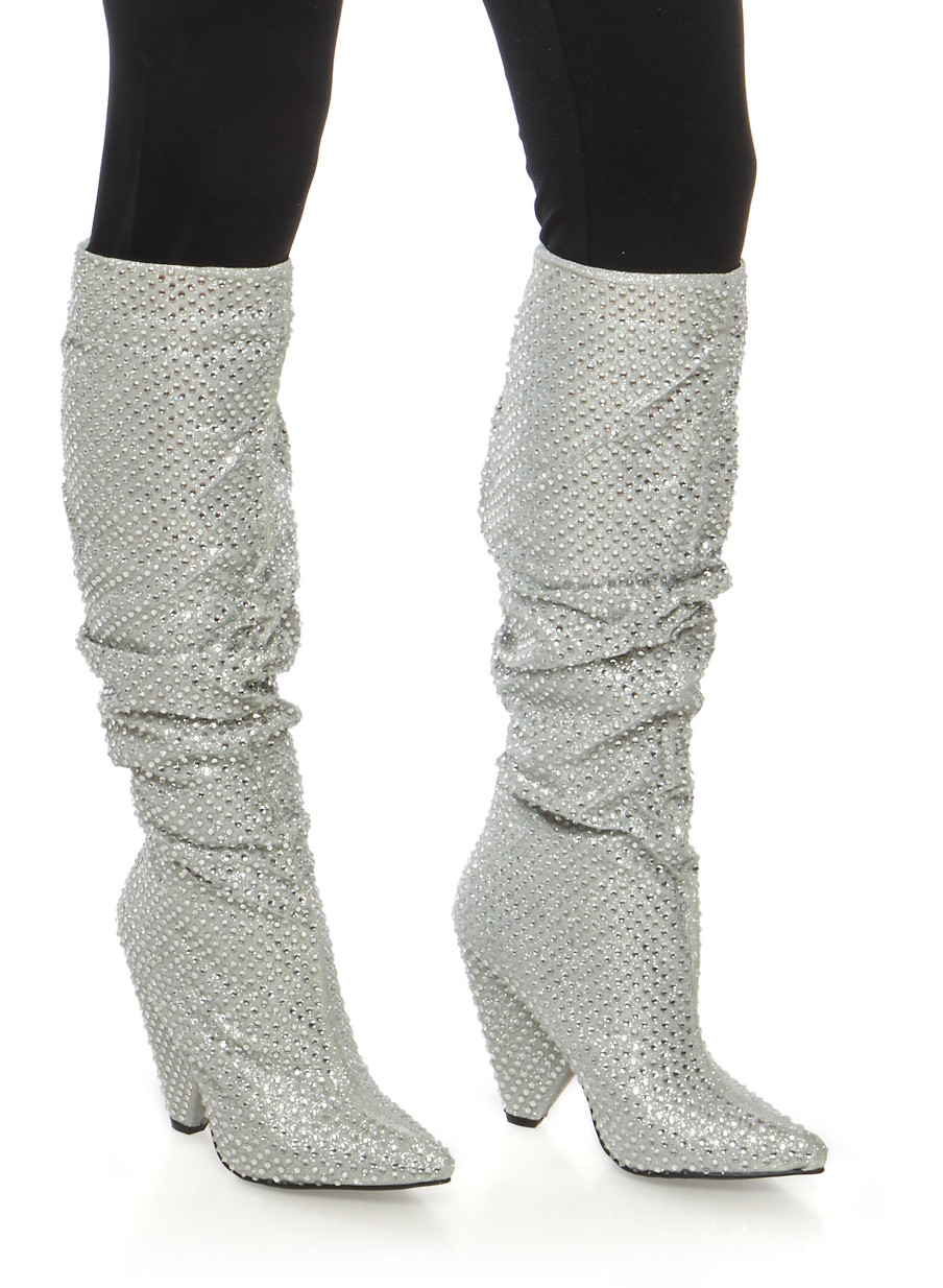 Rhinestone Studded Glitter Cone Heel Boots