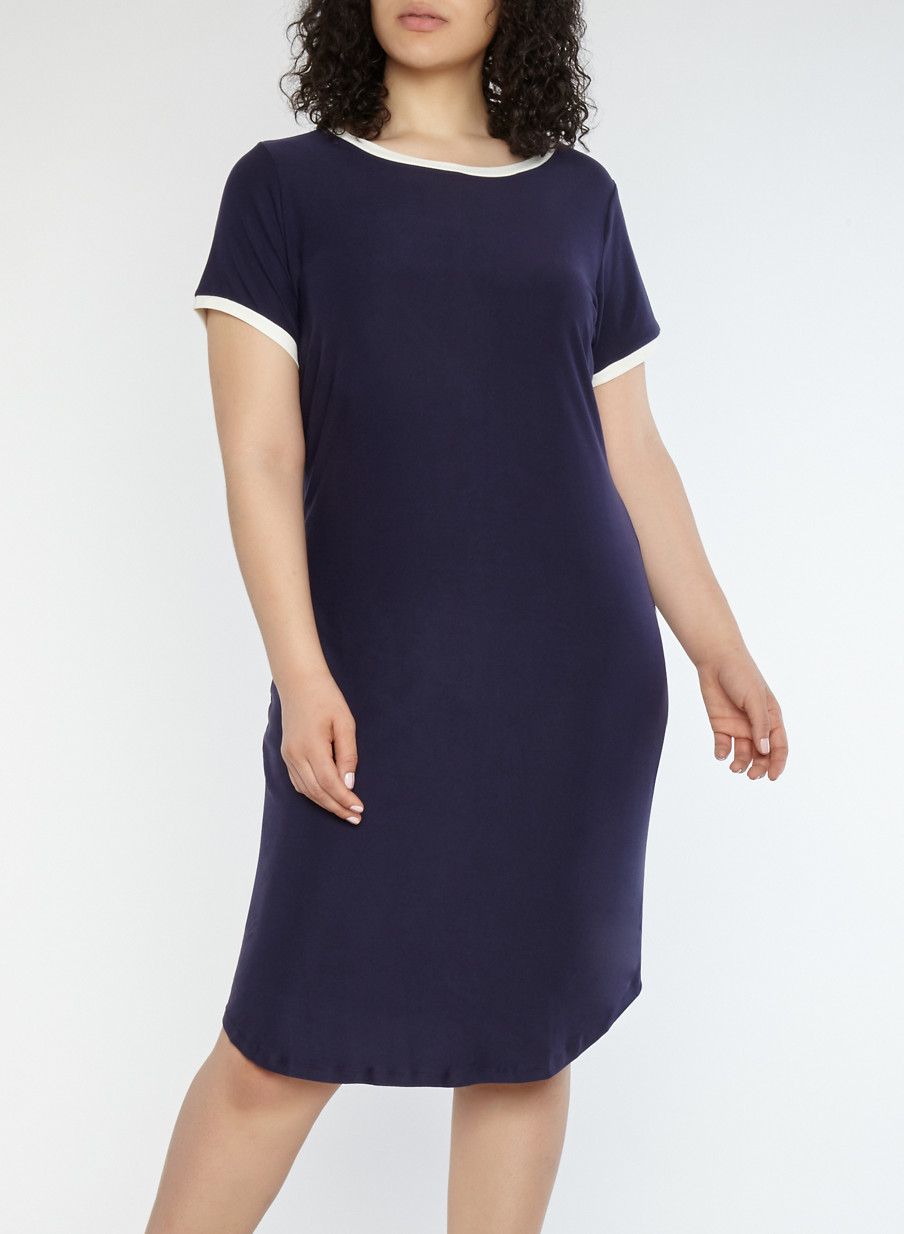 Plus Size Soft Knit Contrast Trim T Shirt Dress