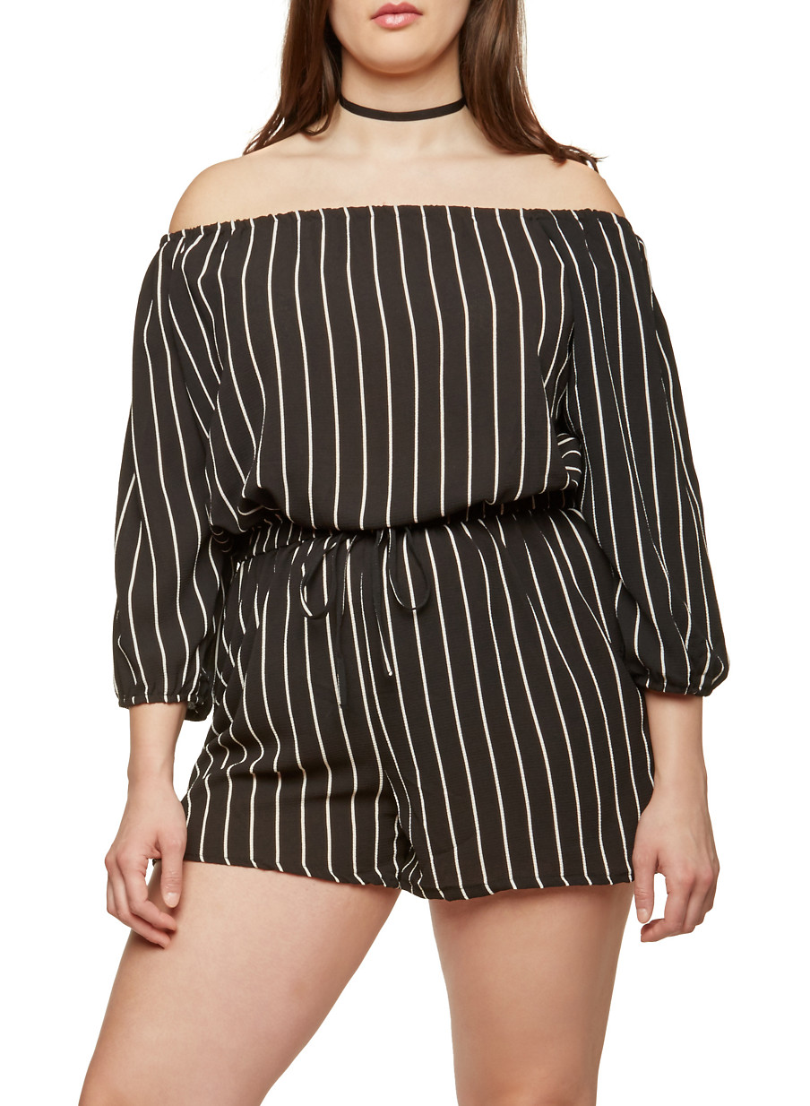 Plus Size Striped Off the Shoulder Romper