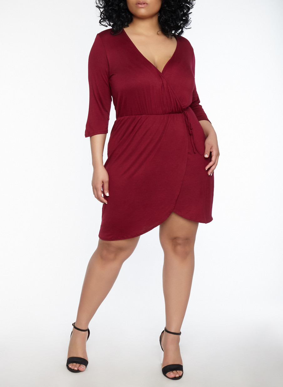 Plus Size Jersey Knit Faux Wrap Dress