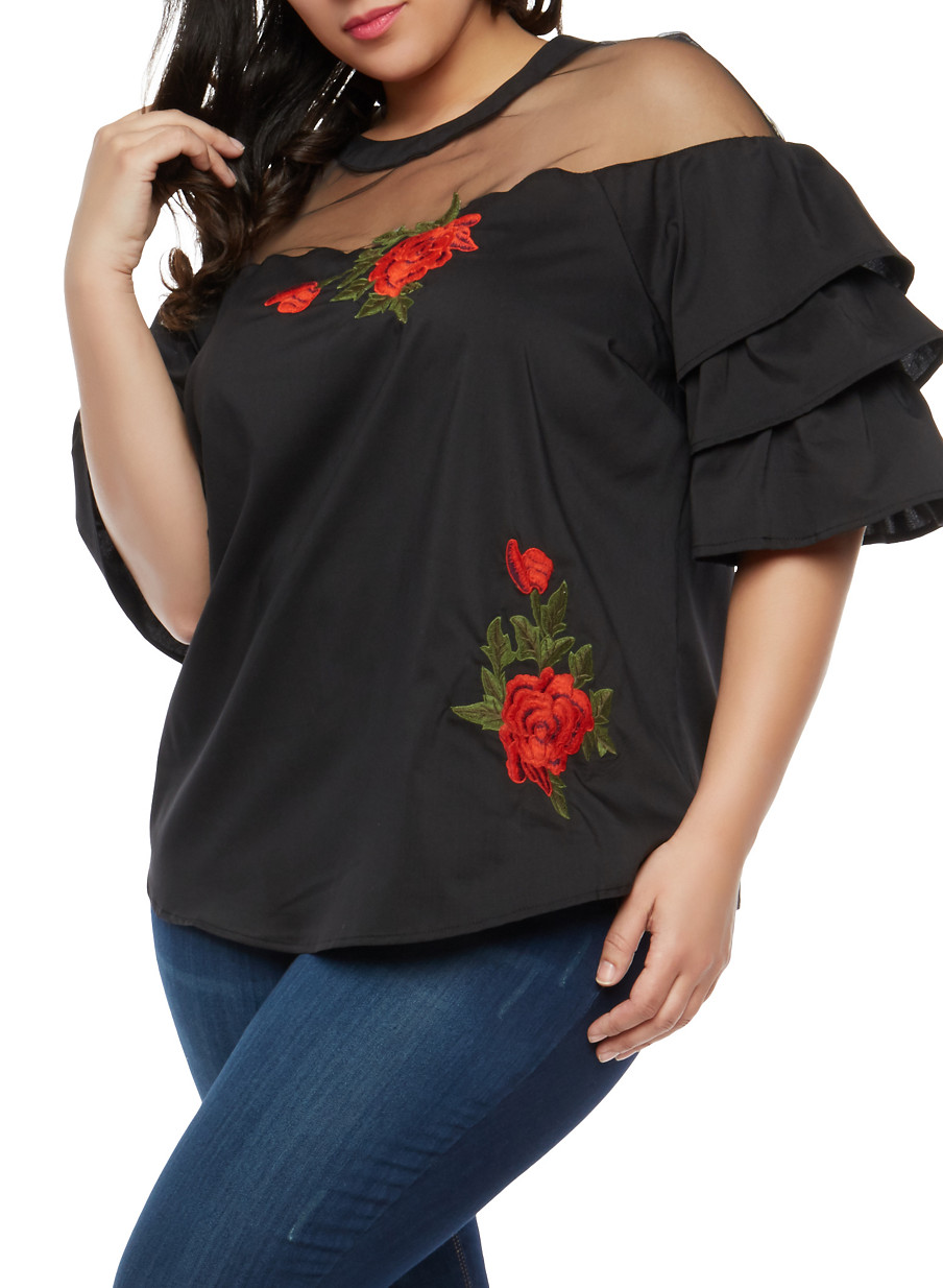 Plus Size Rose Embroidered Tiered Sleeve Top