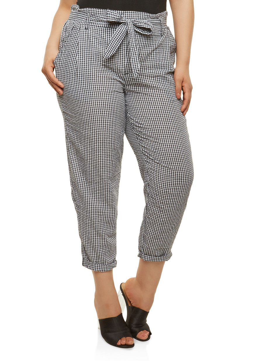 Plus Size Gingham Seersucker Belted Pants