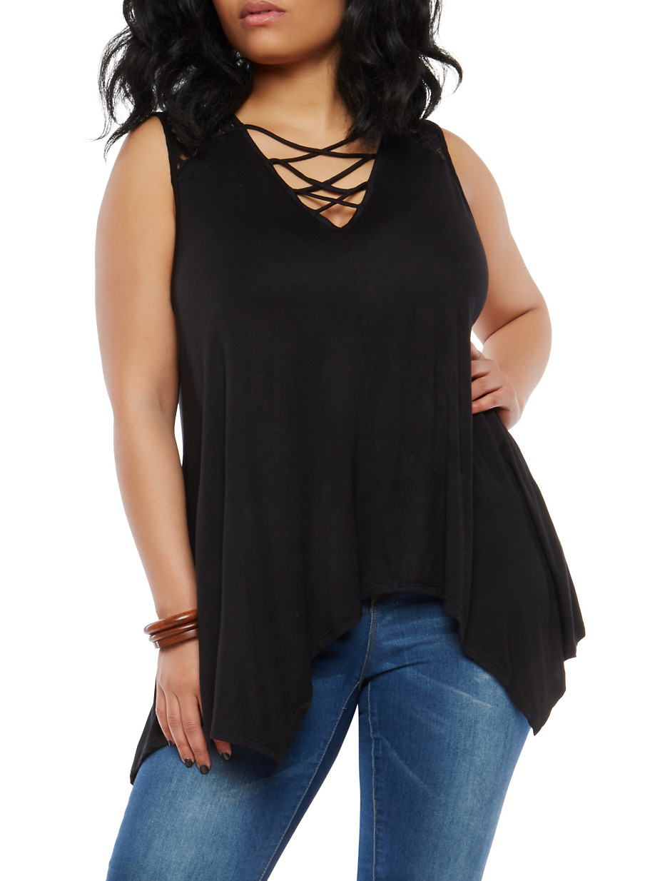 Plus Size Lace Shoulder Caged Neck Top