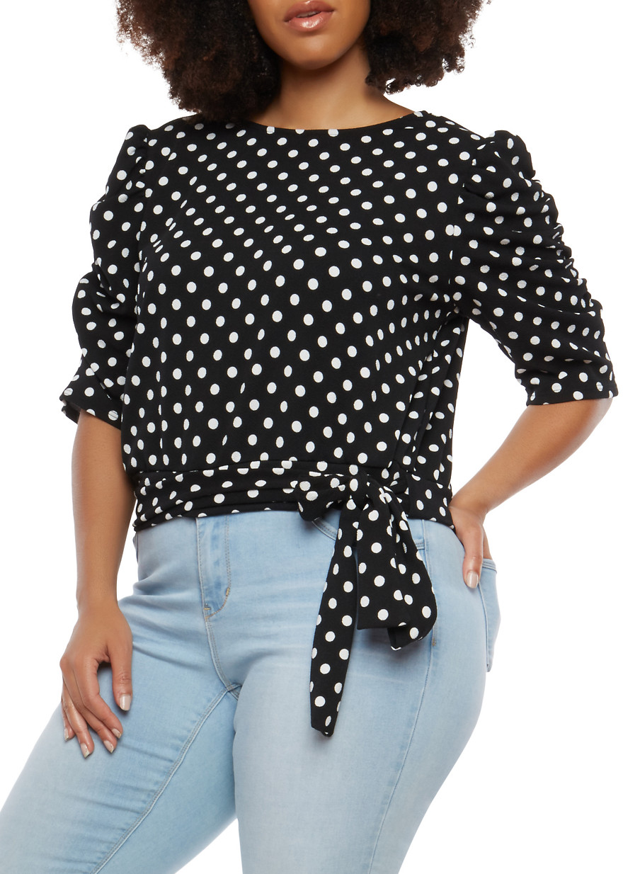 Plus Size Polka Dot Tie Front Top