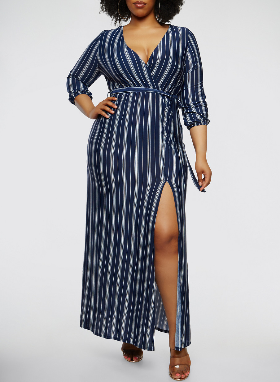 Plus Size Striped Faux Wrap Maxi Dress