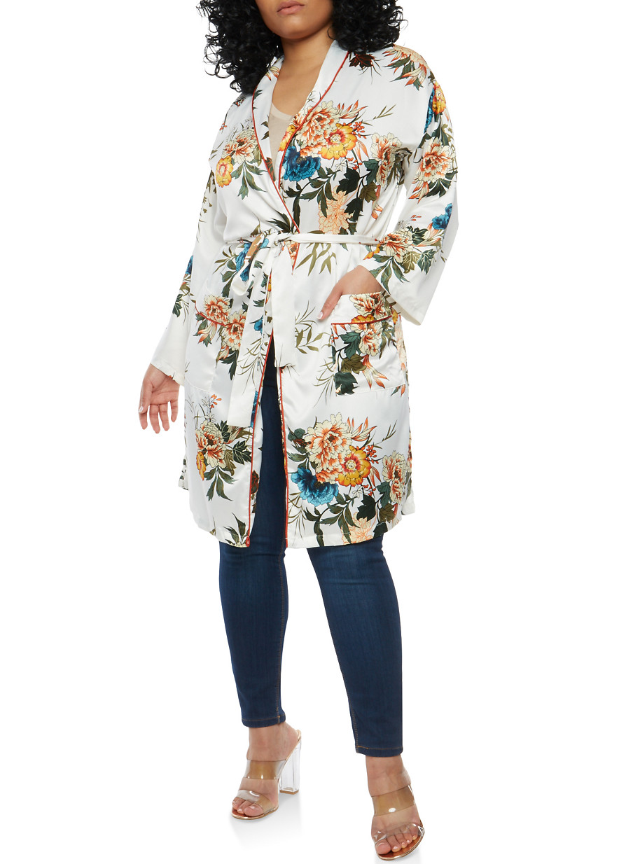 Plus Size Satin Floral Kimono