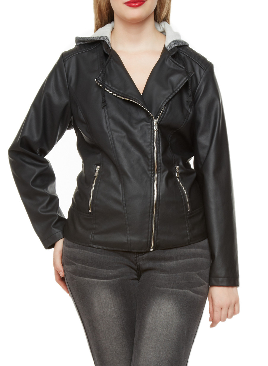 Plus Size Faux Leather Moto Jacket with Contrast Hoodie - Rainbow