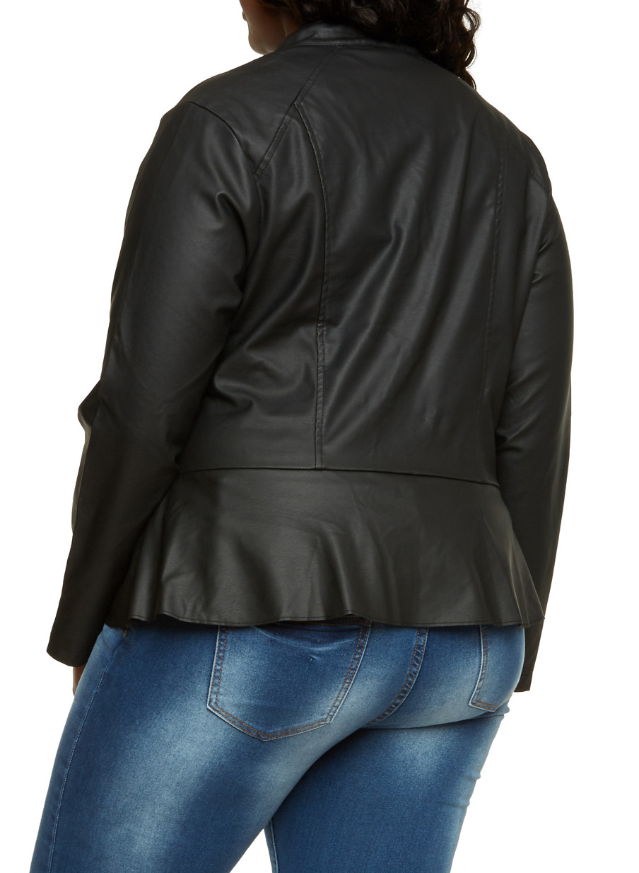 Plus Size Faux Leather Peplum Jacket Rainbow Plus Size Faux Leather Peplum Jacket Black Large