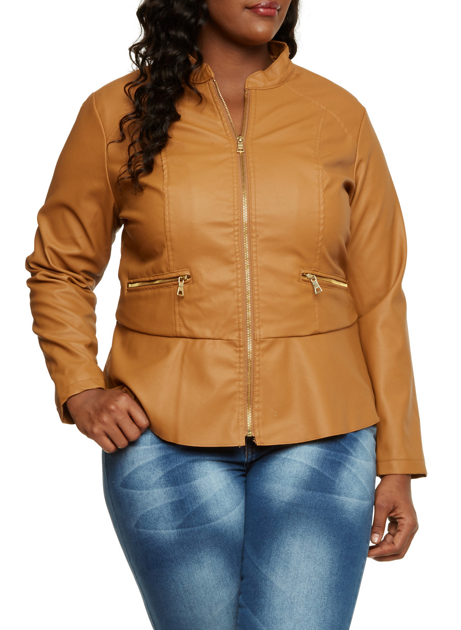 Plus Size Faux Leather Peplum Jacket Rainbow