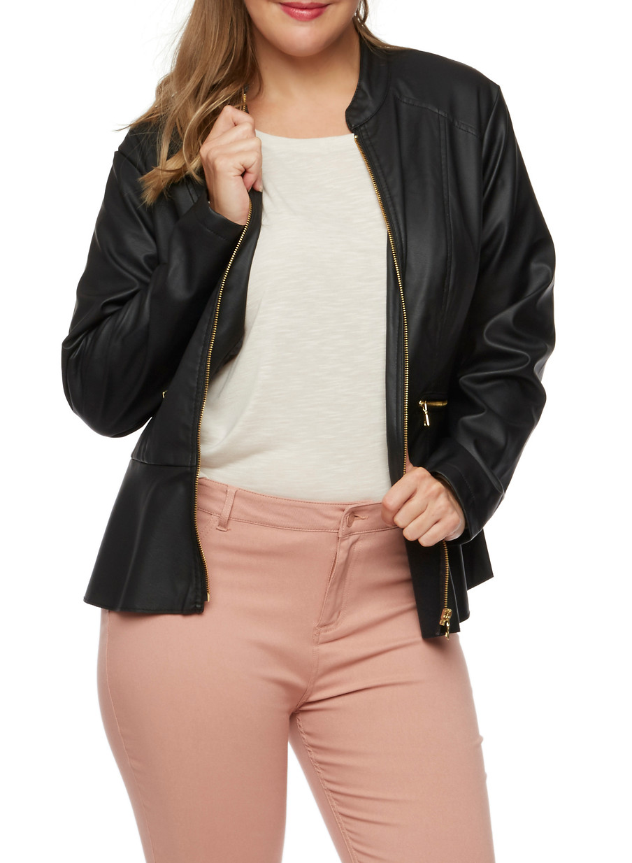 Plus Size Faux Leather Peplum Jacket Rainbow Plus Size Faux Leather Peplum Jacket Black Large