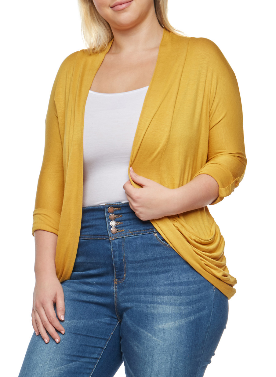 Plus Size Ruched Cardigan with Tab Sleeves - Rainbow