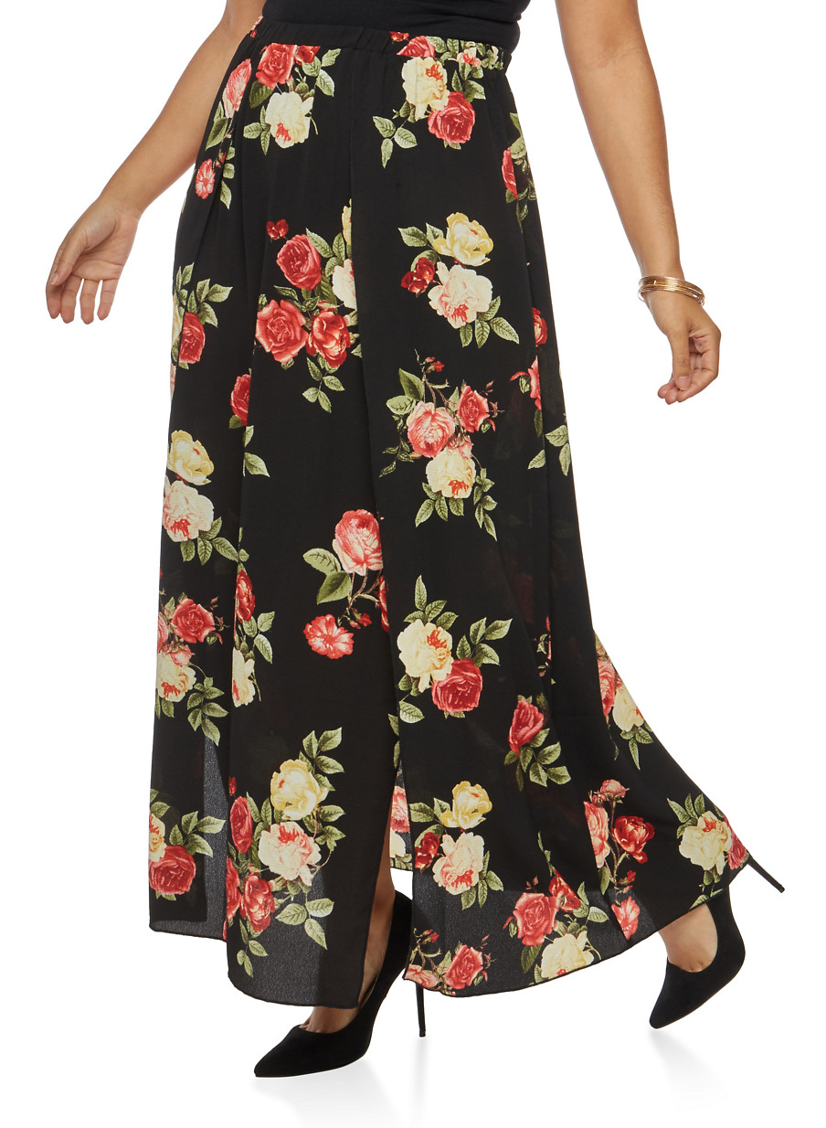 Plus Size Floral Crepe Knit High Slit Maxi Skirt,BLACK,large