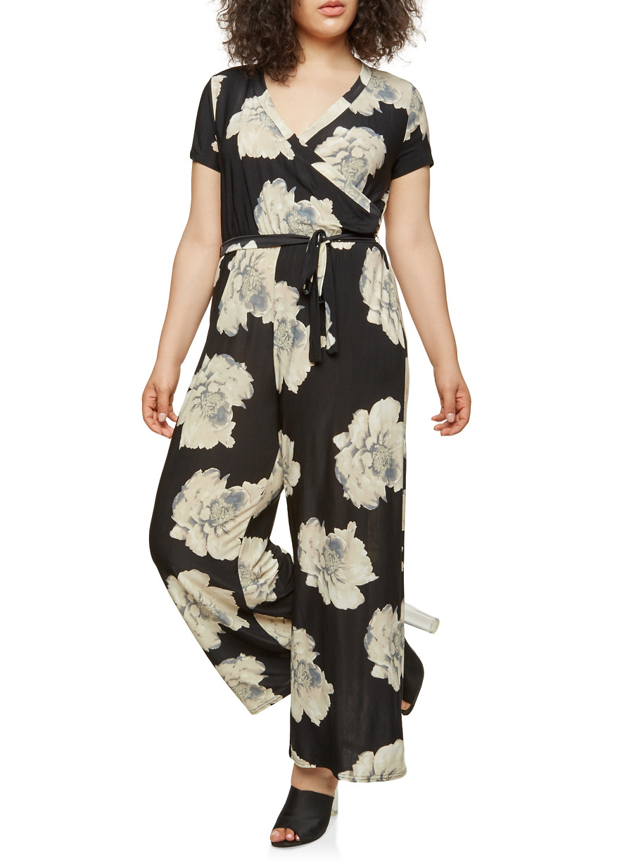 Plus Size Floral Faux Wrap Jumpsuit