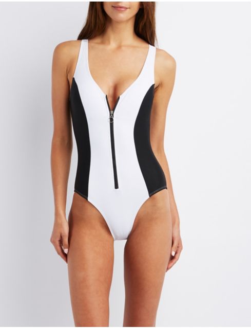 Color Block Zip-Up One-Piece Swimsuit | Charlotte Russe