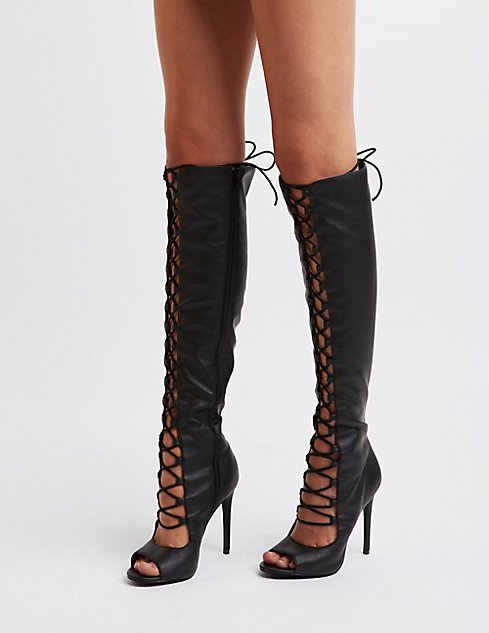 Peep Toe Lace-up Thigh-High Boots | Charlotte Russe