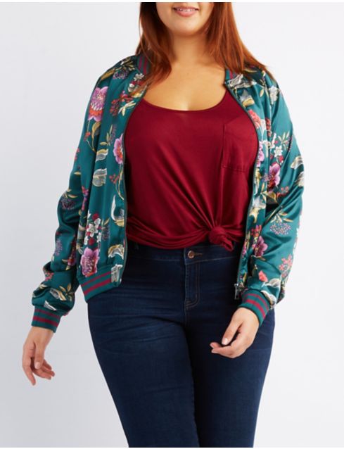 Plus Size Floral Satin Bomber Jacket Charlotte Russe 